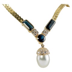 Retro Sapphire Pearl Diamond Necklace 14K Gold by Uno A Erre Italian