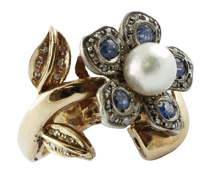 Retro Sapphire Pearl Diamond Silver Gold Daisy Ring For Sale