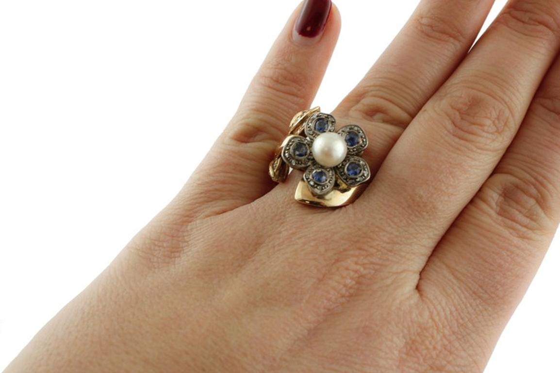 Sapphire Pearl Diamond Silver Gold Daisy Ring In Good Condition For Sale In Marcianise, Marcianise (CE)