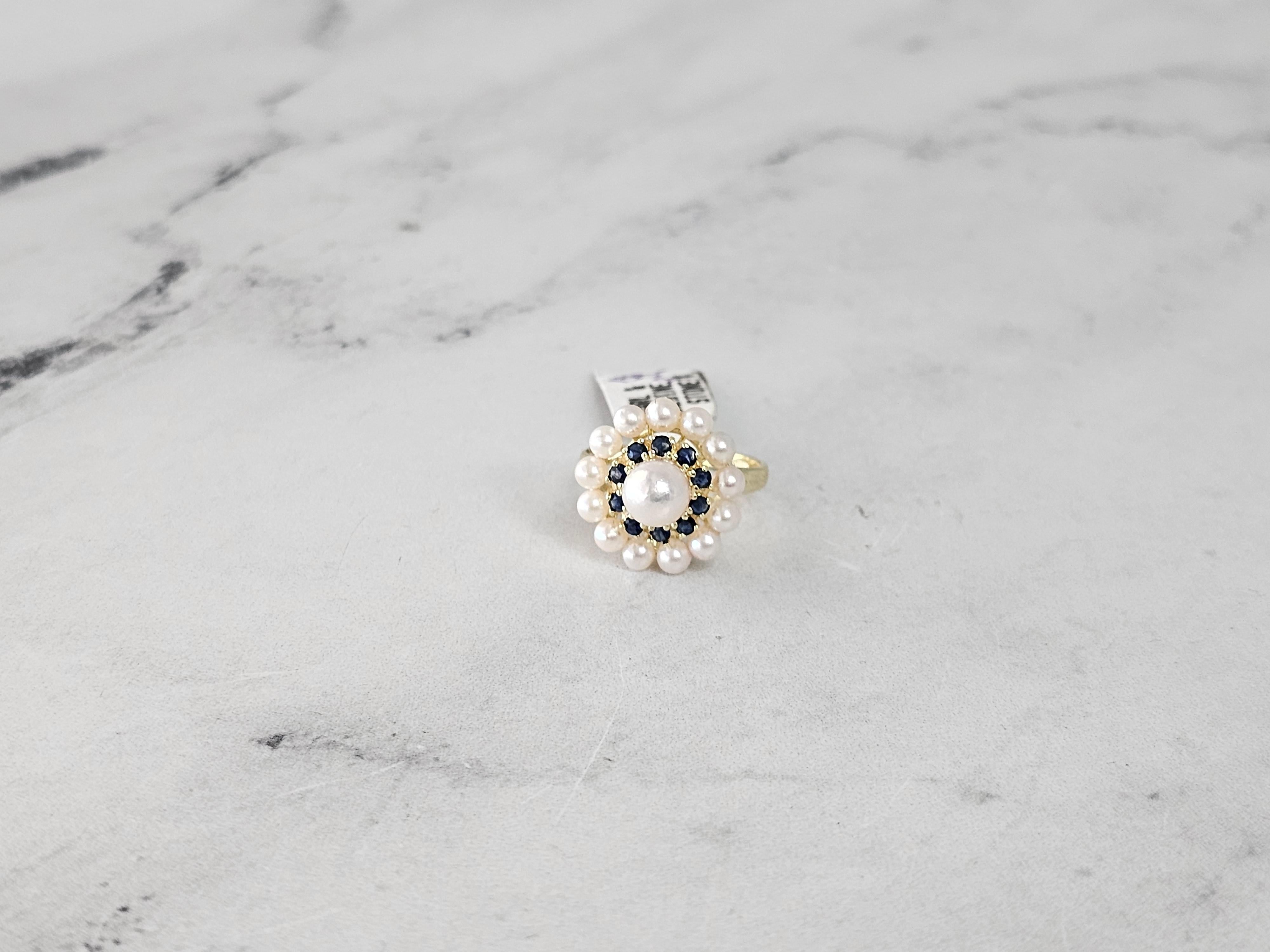 Bague double halo saphir et perle or jaune 14k Unisexe en vente