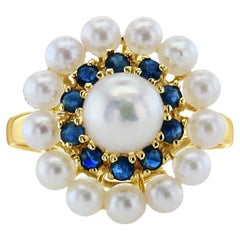 Sapphire & Pearl Double Halo Ring 14k Yellow Gold