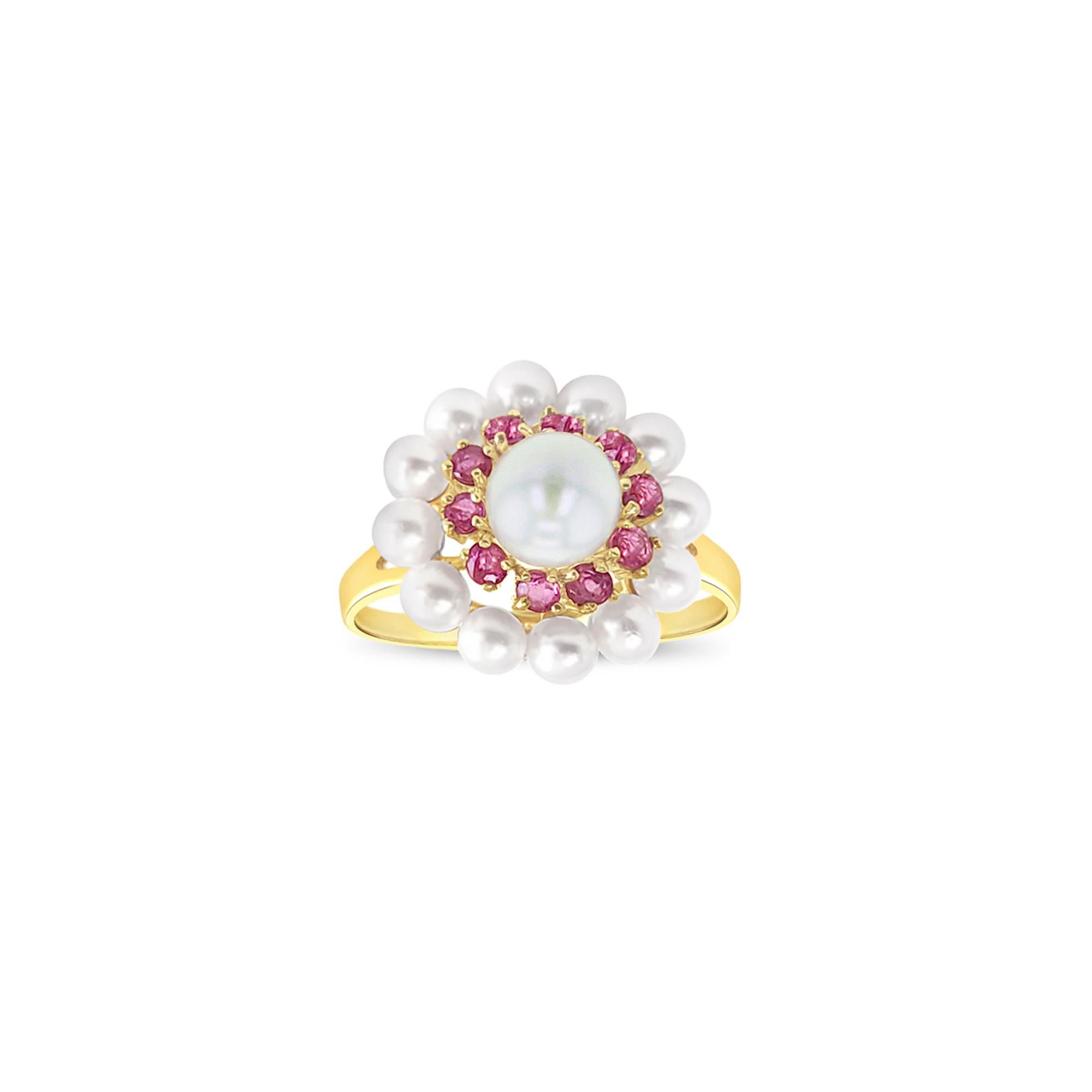 Ruby & Pearl Double Halo Ring 14k Yellow Gold