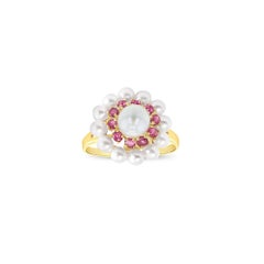 Ruby & Pearl Double Halo Ring 14k Yellow Gold