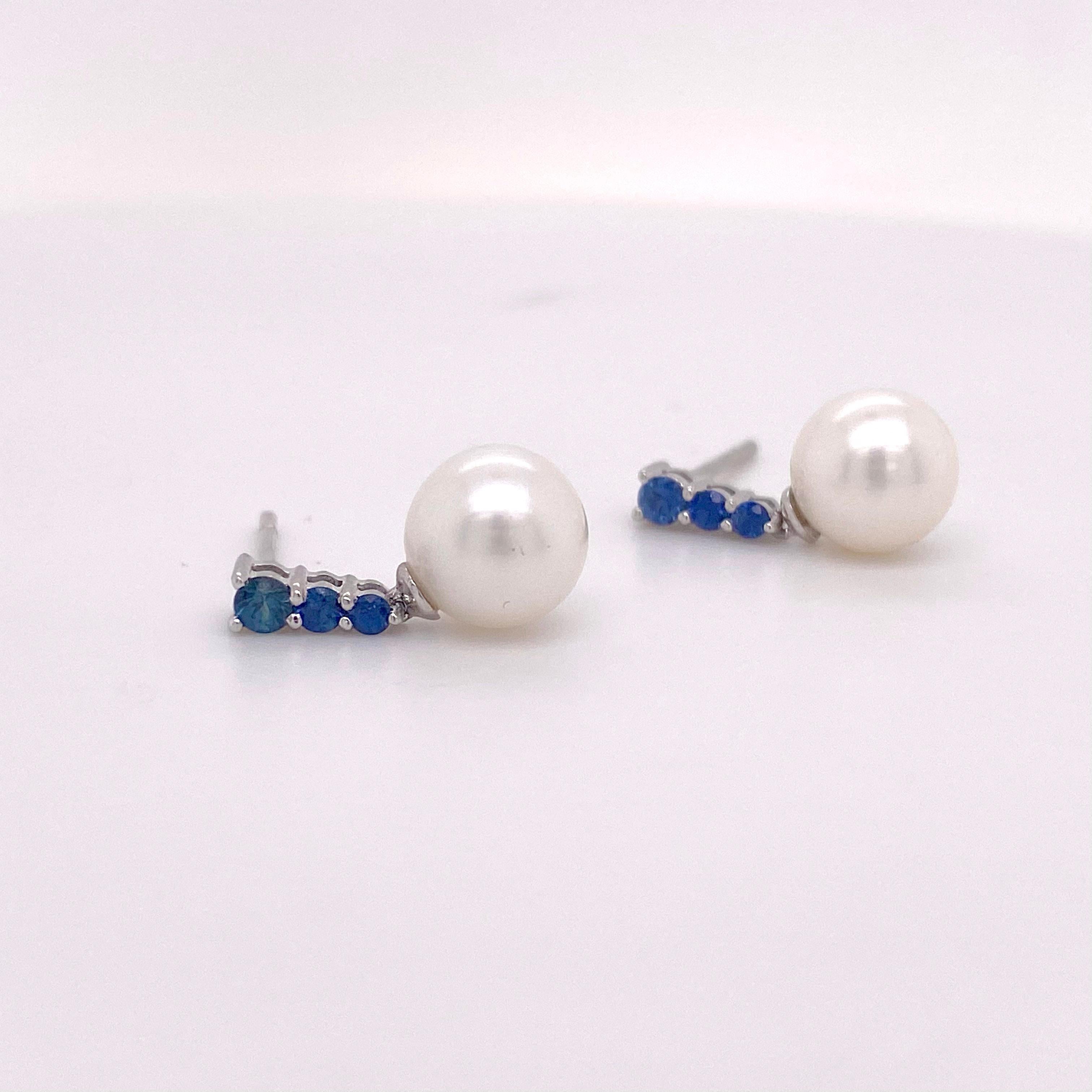 Modern Sapphire Pearl Earring, Earring Drops in White Gold, Event or Everyday Earrings