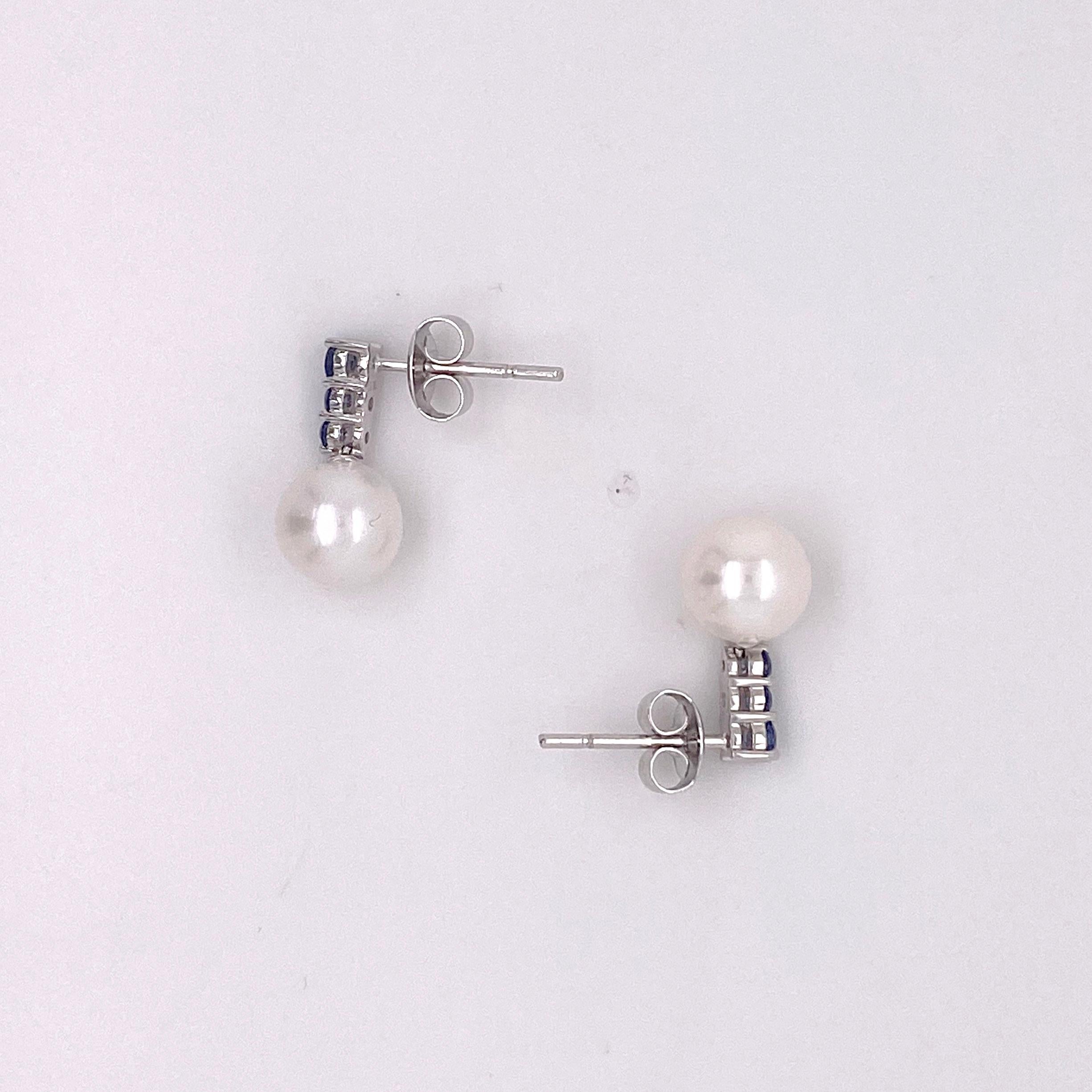 Round Cut Sapphire Pearl Earring, Earring Drops in White Gold, Event or Everyday Earrings
