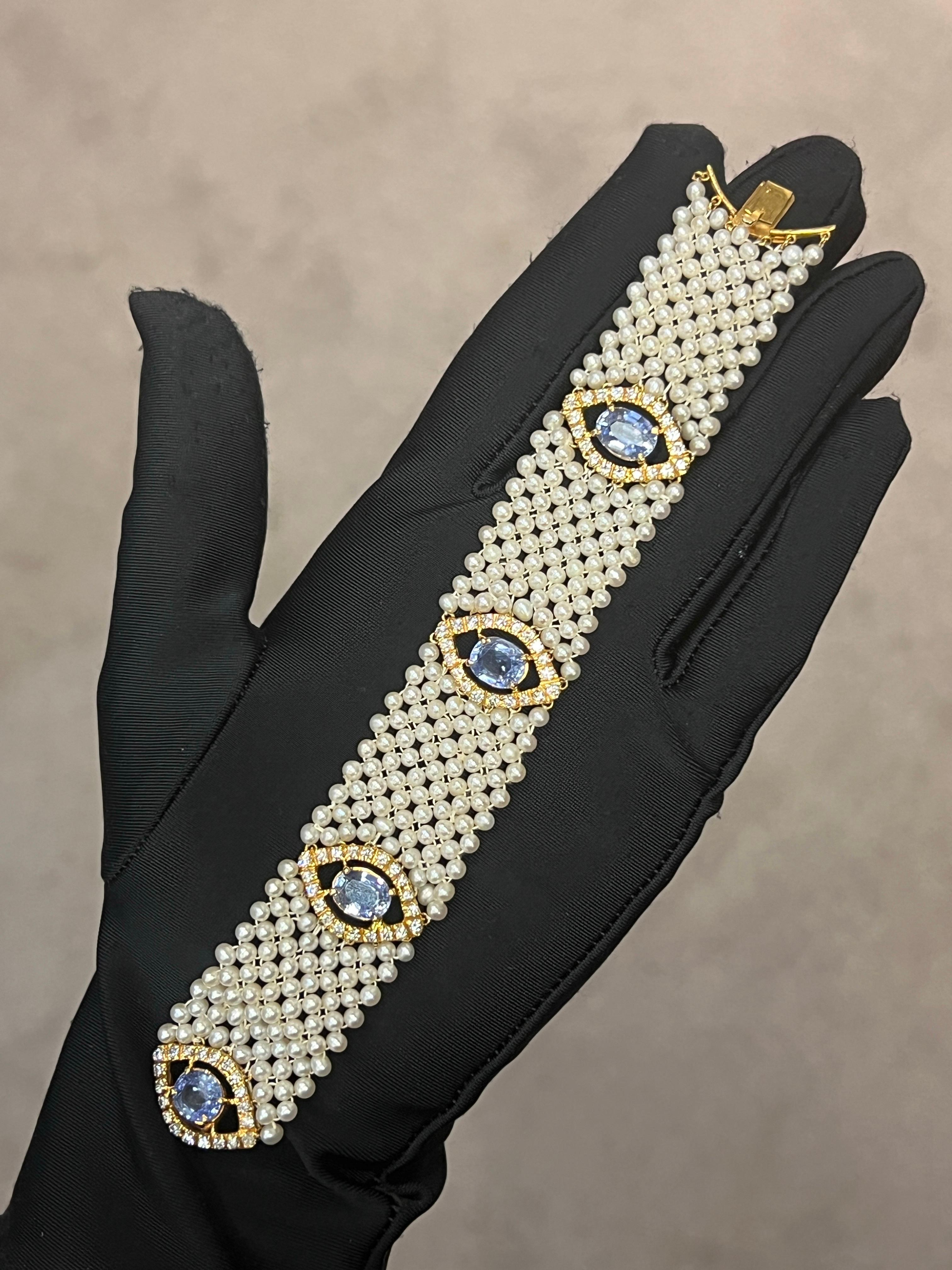Mixed Cut Sapphire & Pearl Mesh Bracelet For Sale