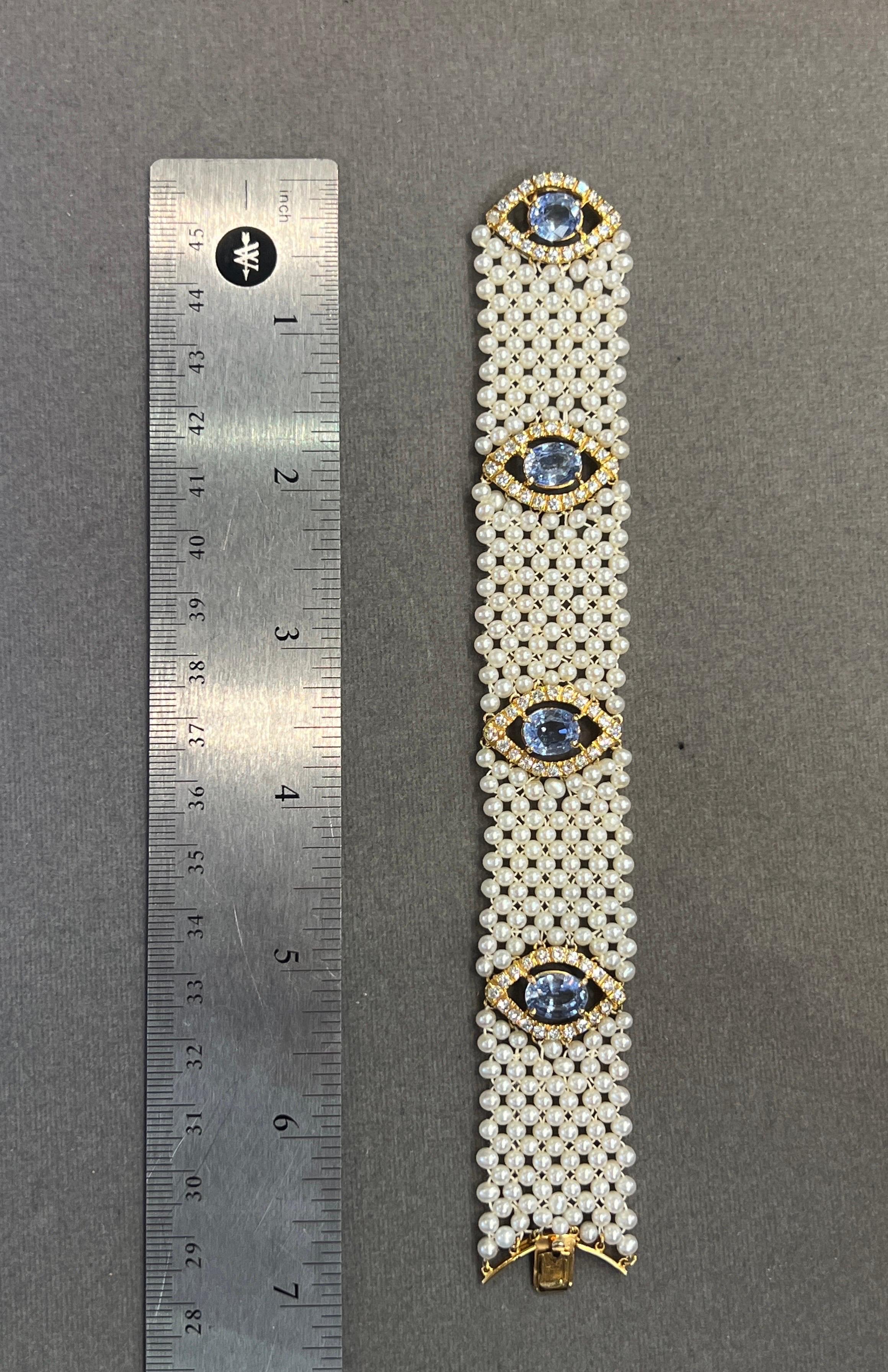 Sapphire & Pearl Mesh Bracelet In Excellent Condition For Sale In New York, NY