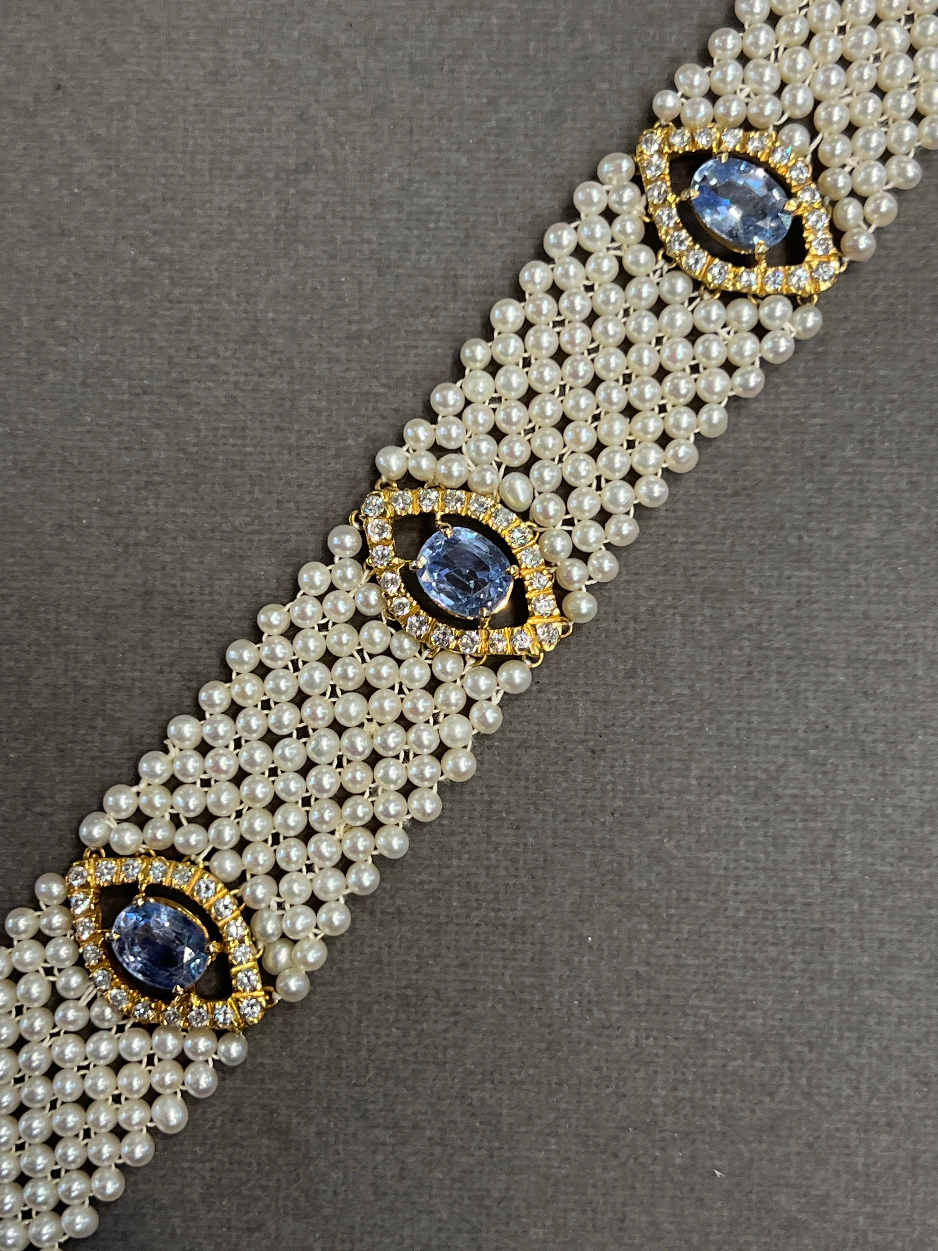 Women's Sapphire & Pearl Mesh Bracelet For Sale