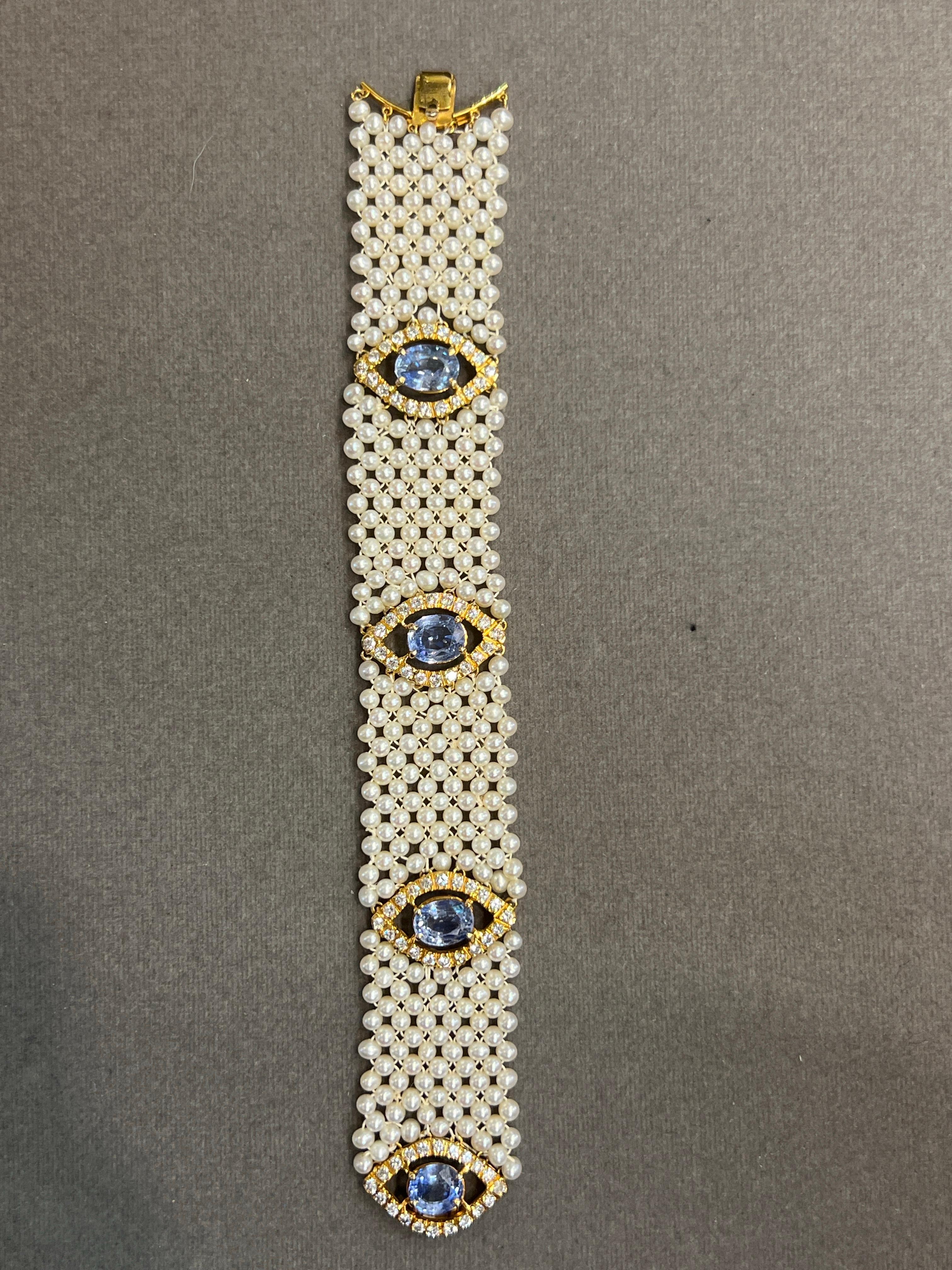 Sapphire & Pearl Mesh Bracelet For Sale 3
