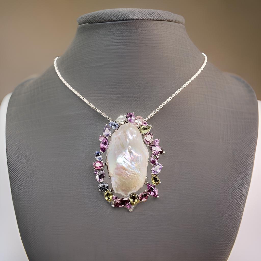 Collana di perle zaffiro in oro bianco 14k 5 TCW certificate In condizioni Nuovo in vendita a Brooklyn, NY