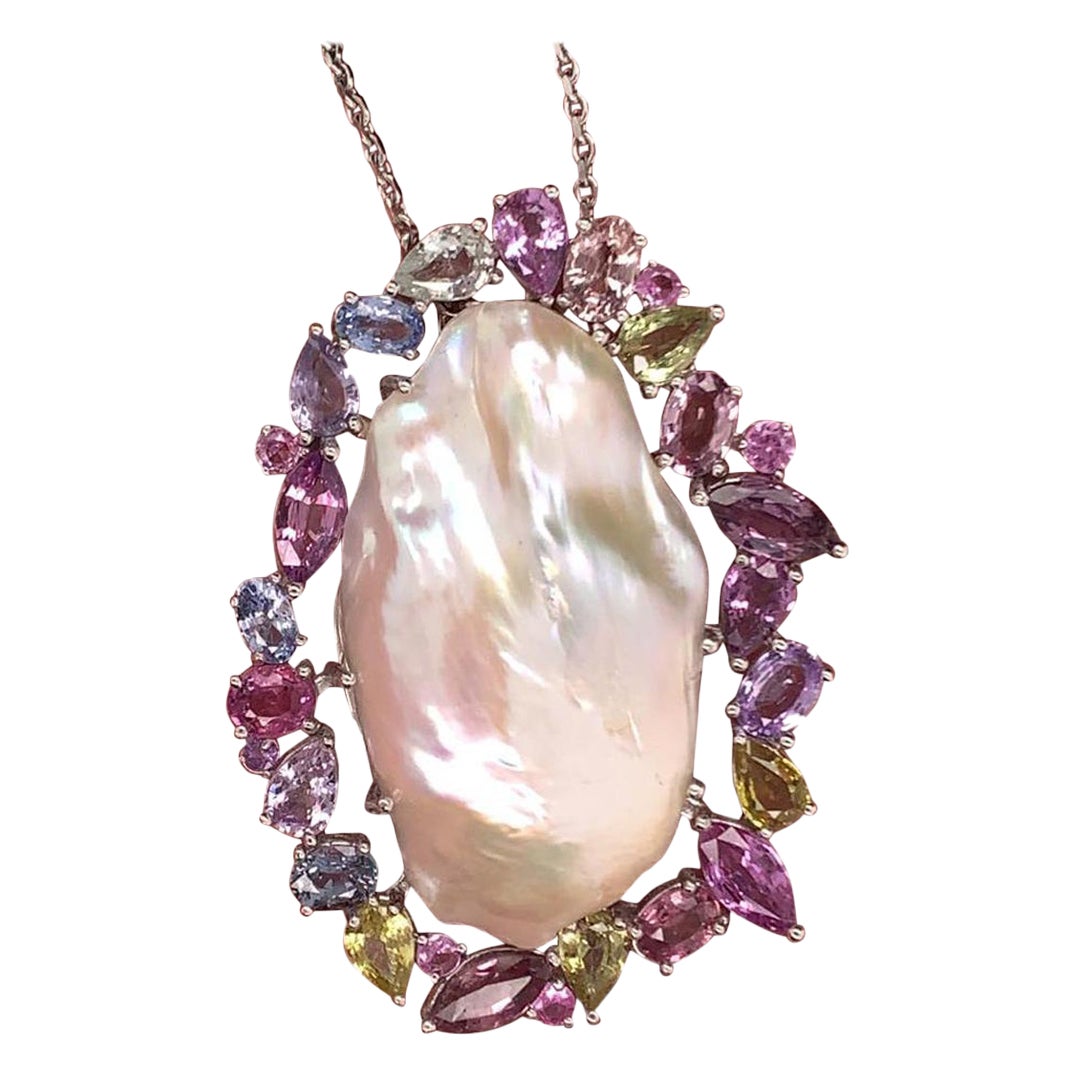 Collana di perle zaffiro in oro bianco 14k 5 TCW certificate