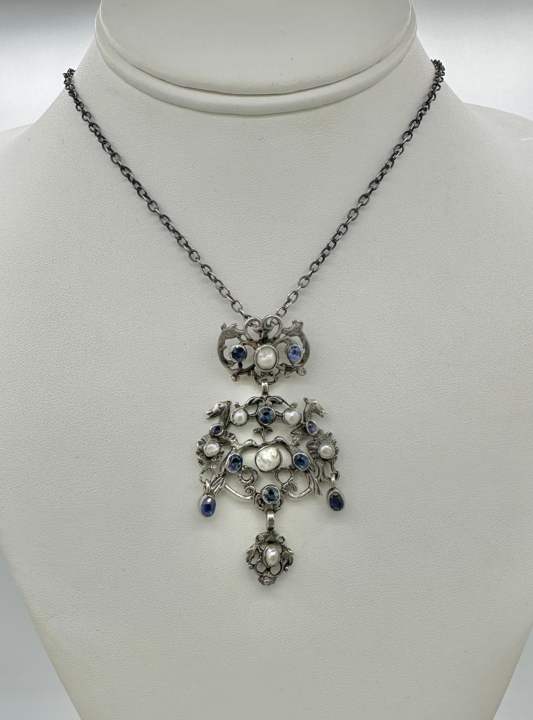 Sapphire Pearl Necklace Bird Horse Deer Austro-Hungarian Renaissance Revival In Good Condition For Sale In New York, NY