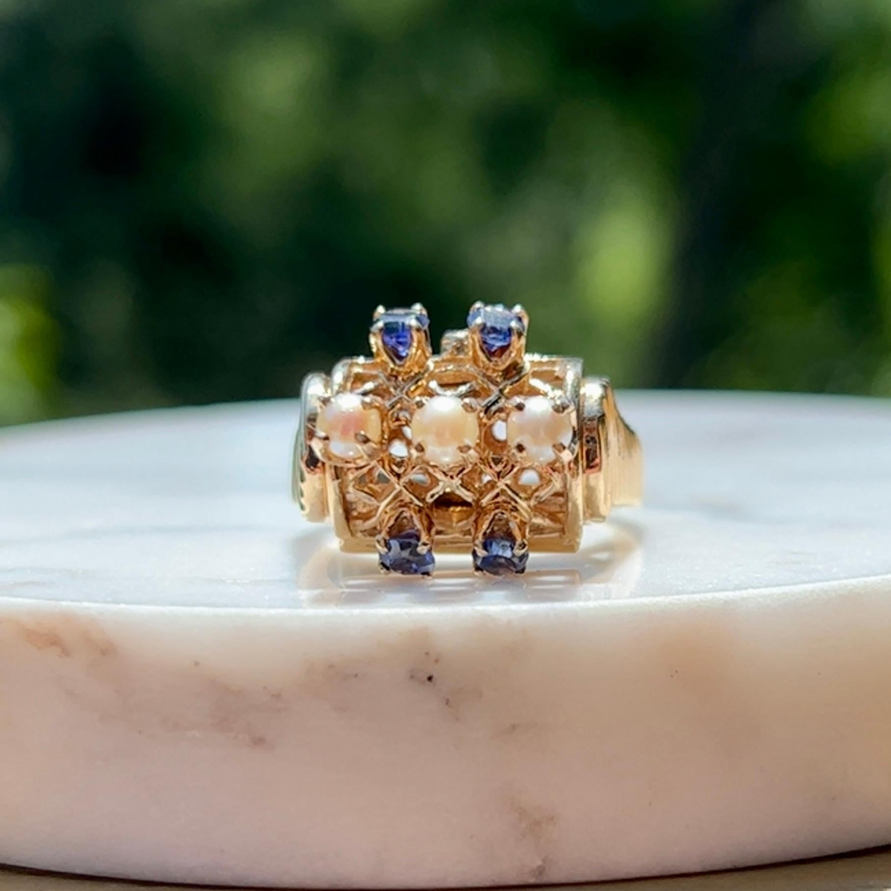 Round Cut Sapphire & Pearl Poison Pill Box Ring in 14K Yellow Gold 