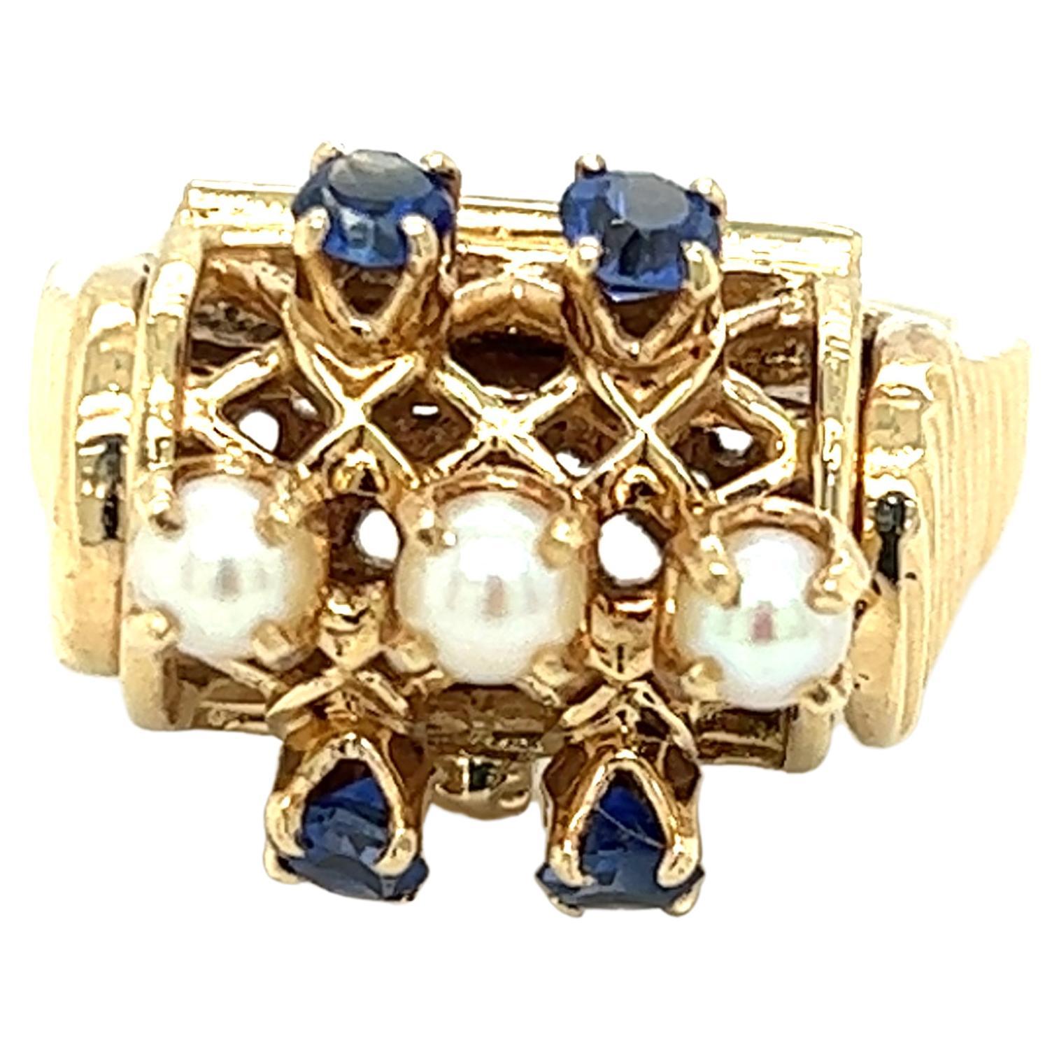 Sapphire & Pearl Poison Pill Box Ring in 14K Yellow Gold 