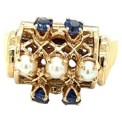 Vintage Sapphire & Pearl Poison Pill Box Ring in 14K Yellow Gold 