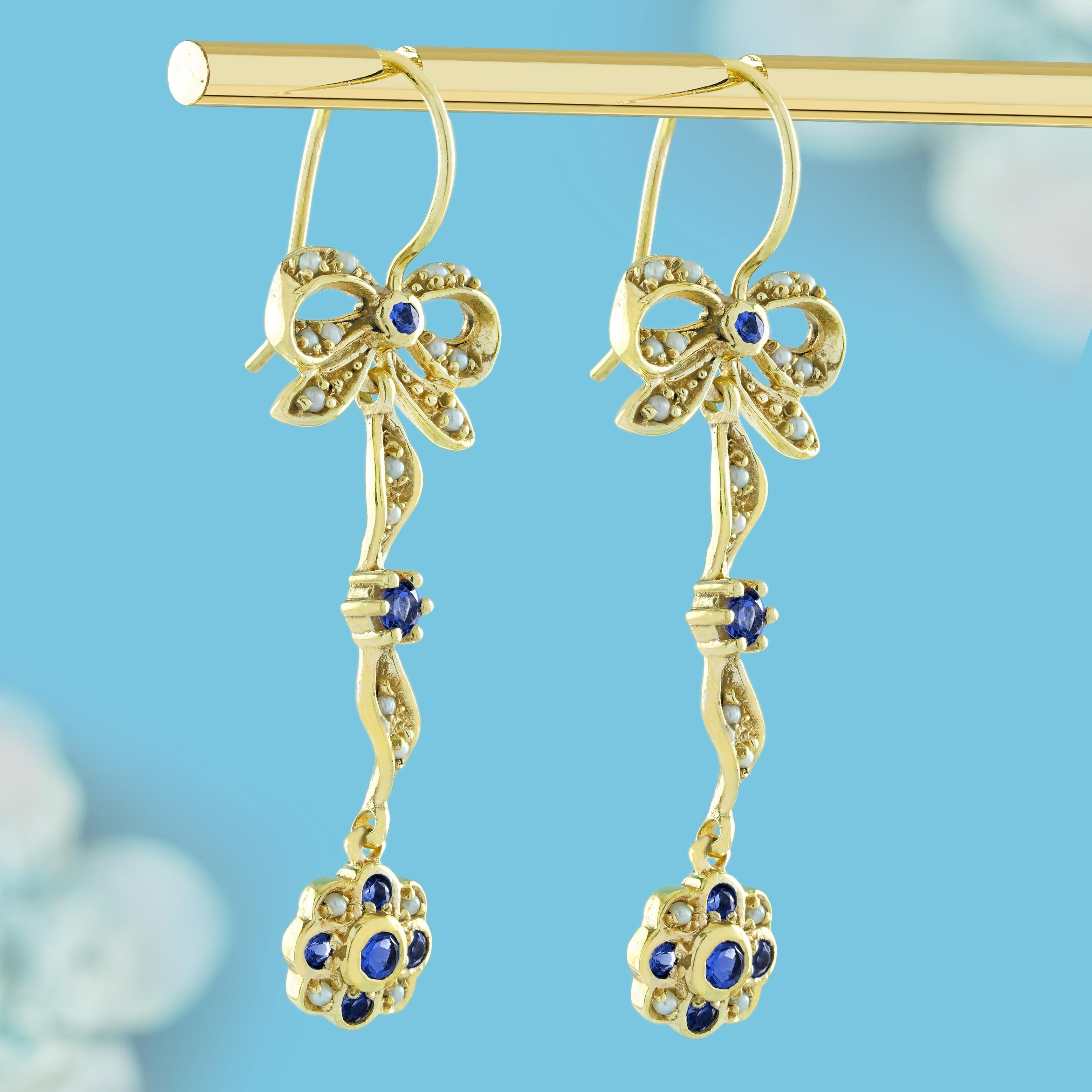 Edwardian Sapphire Pearl Ribbon Bow Drop Earrings in Solid 9K Gold For Sale