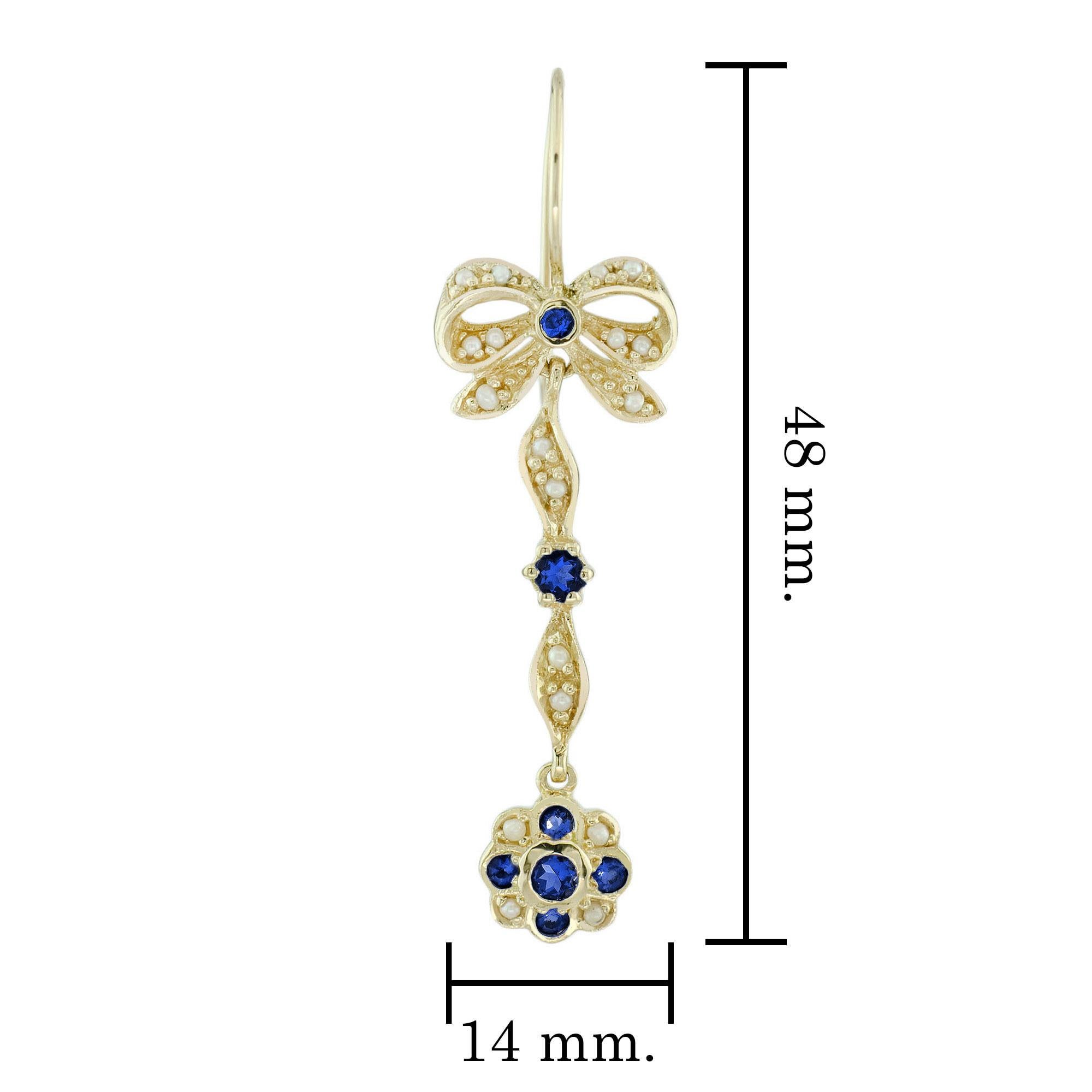 Sapphire Pearl Ribbon Bow Drop Earrings in Solid 9K Gold In New Condition For Sale In Bangkok, TH