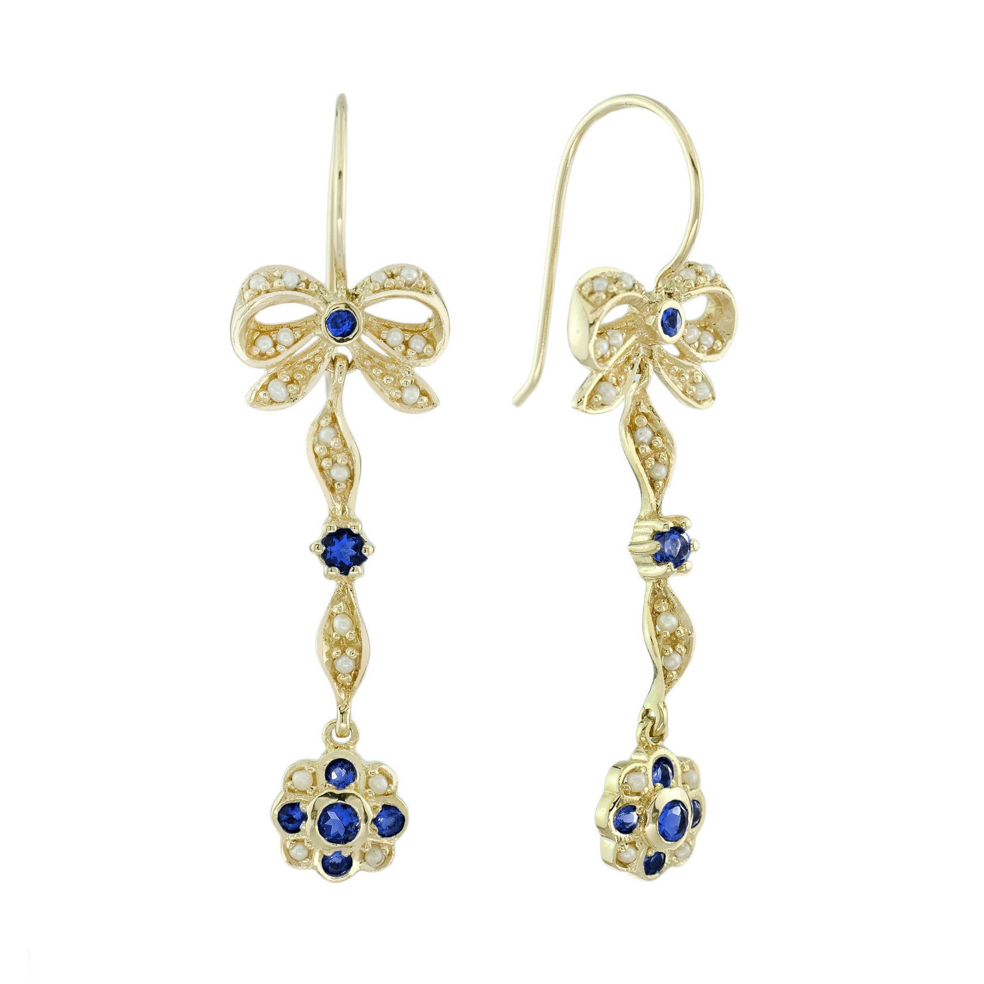 Sapphire Pearl Ribbon Bow Drop Earrings in Solid 9K Gold For Sale