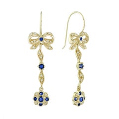 Sapphire Pearl Ribbon Bow Drop Earrings in Solid 9K Gold