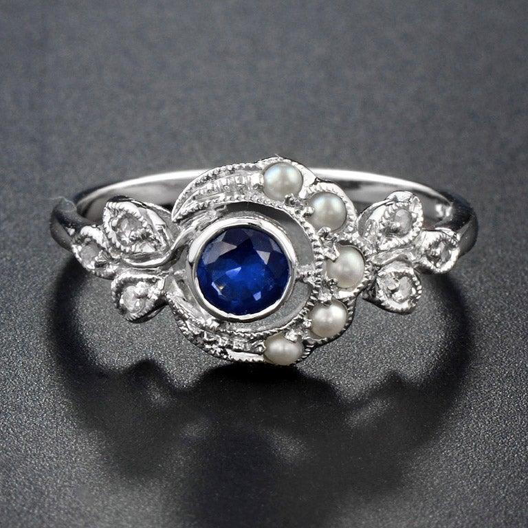 For Sale:  Victorian Style Sapphire with Pearl and Diamond Ring in 10K White Gold 2