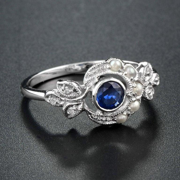 For Sale:  Victorian Style Sapphire with Pearl and Diamond Ring in 10K White Gold 3