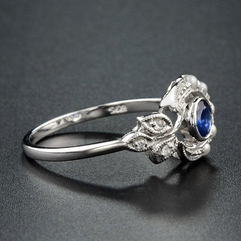 For Sale:  Victorian Style Sapphire with Pearl and Diamond Ring in 10K White Gold 4