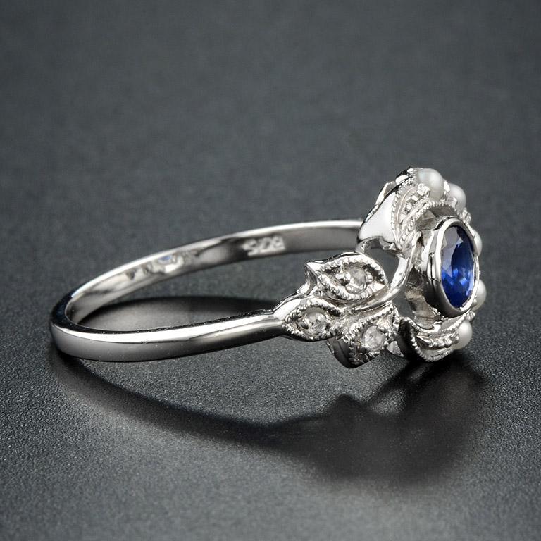 Victorian Sapphire Pearl Rose Cut Diamond Cocktail Ring