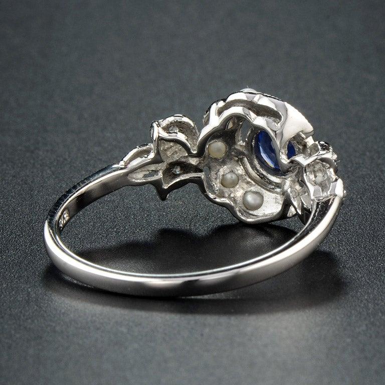 For Sale:  Victorian Style Sapphire with Pearl and Diamond Ring in 10K White Gold 5