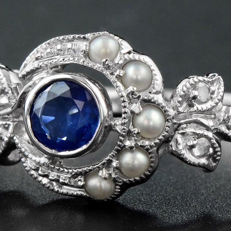 For Sale:  Victorian Style Sapphire with Pearl and Diamond Ring in 10K White Gold 6