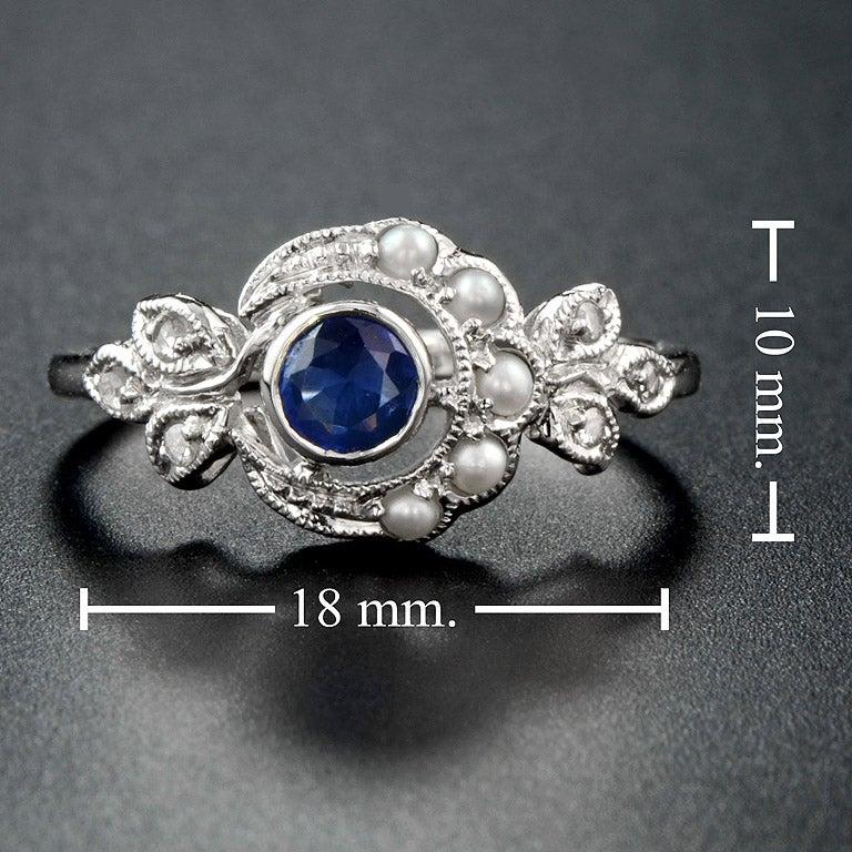 For Sale:  Victorian Style Sapphire with Pearl and Diamond Ring in 10K White Gold 7