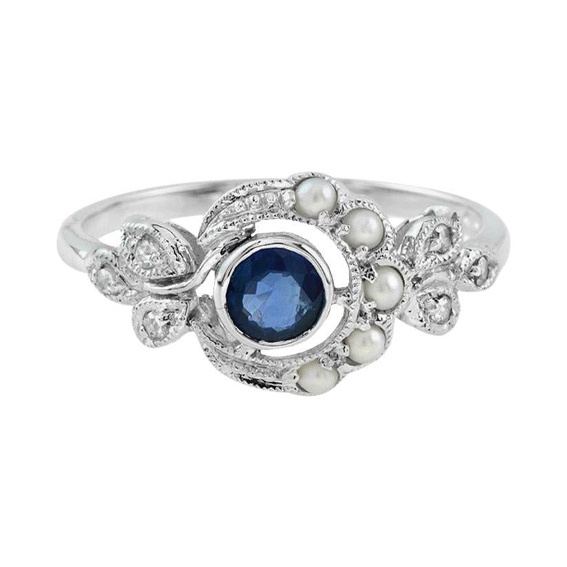 For Sale:  Victorian Style Sapphire with Pearl and Diamond Ring in 10K White Gold