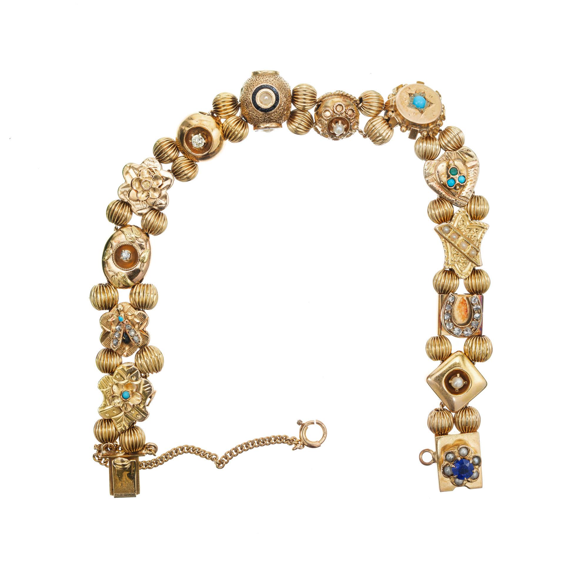 Bracelet coulissant en or avec saphir, perle, turquoise et diamants Bon état - En vente à Stamford, CT