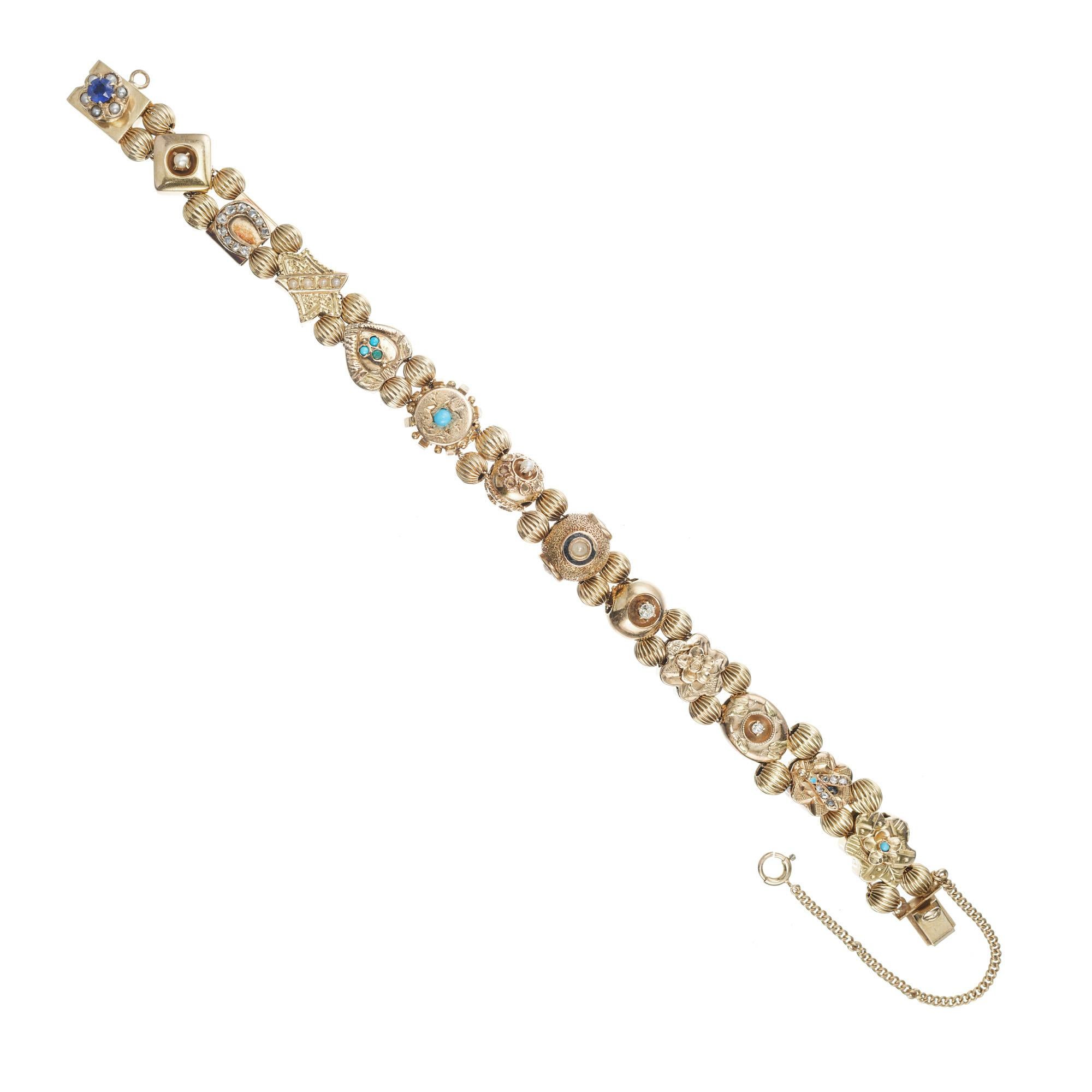 Bracelet coulissant en or avec saphir, perle, turquoise et diamants Pour femmes en vente