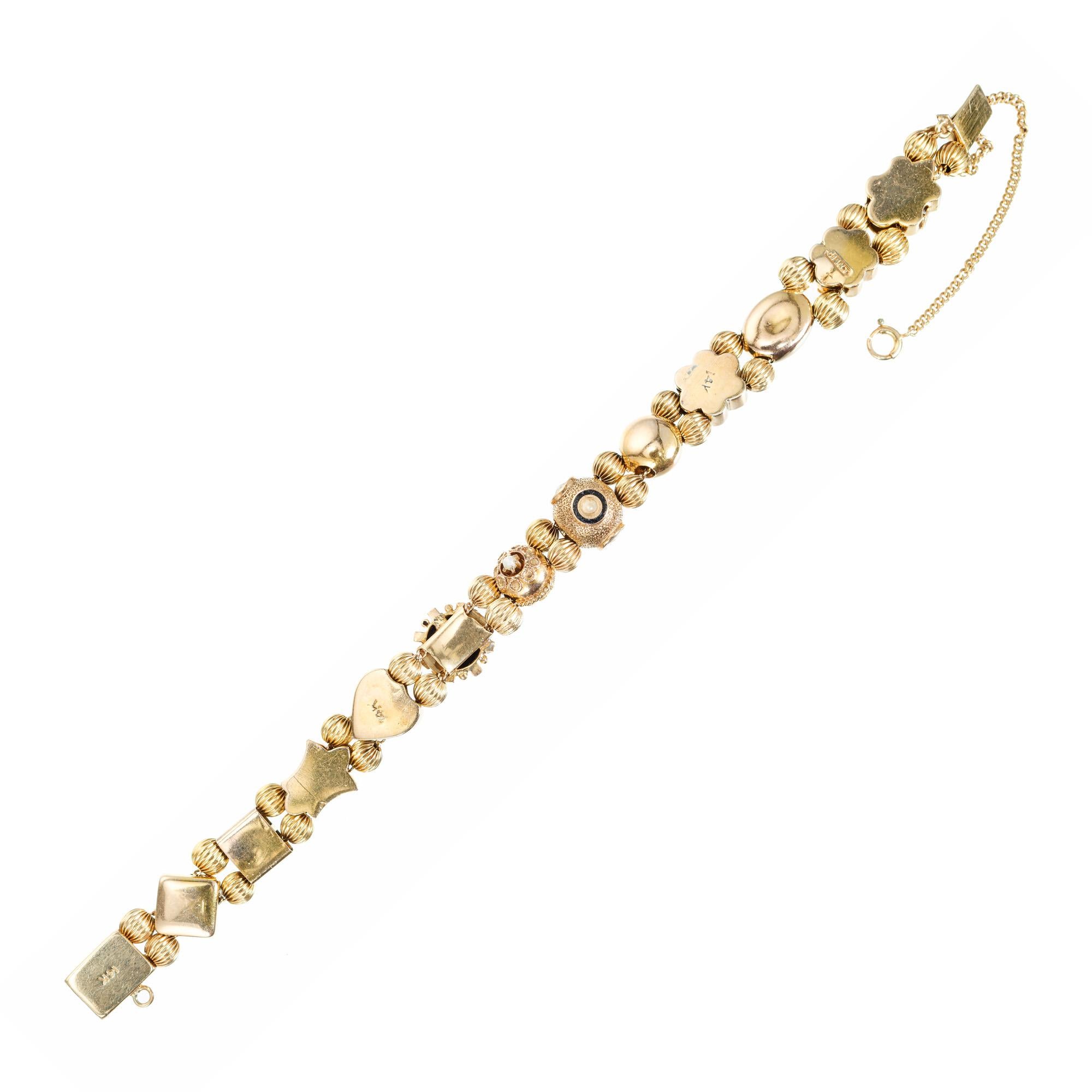 Round Cut Sapphire Pearl Turquoise Diamond Gold Art Deco Slide Bracelet For Sale