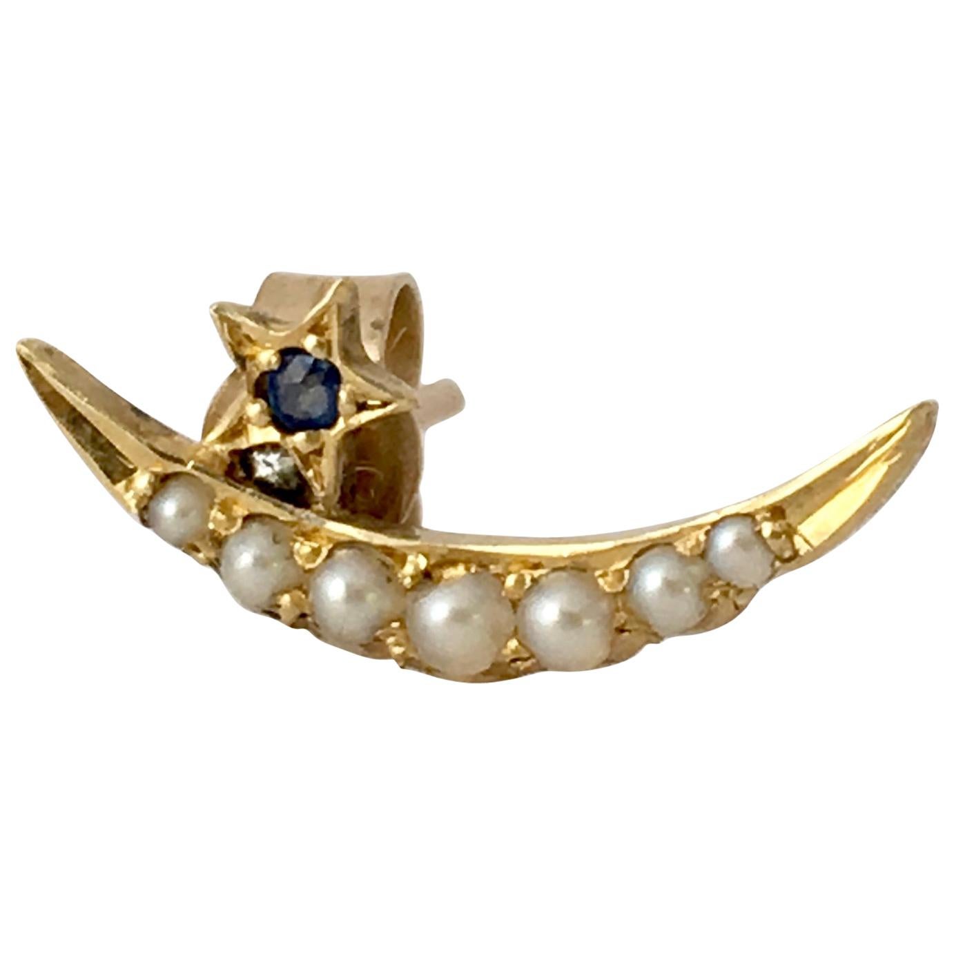 Sapphire Pearl Vintage Jewelry Single Stud Earring Crescent Moon Star Gemstone For Sale