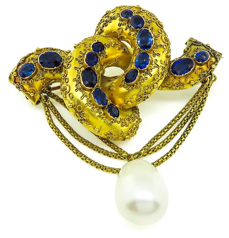 Oval Cut Sapphire Pearl Yellow Gold Pin For Sale