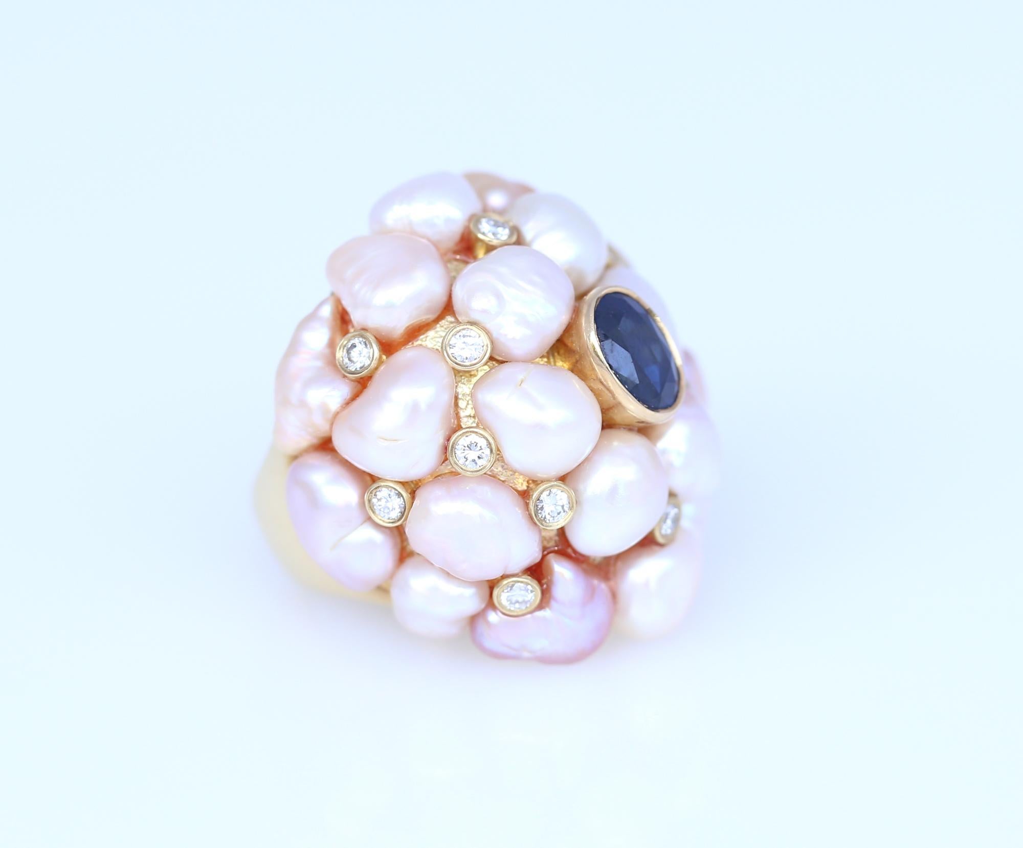Modern Sapphire Pearls Diamonds Yellow Gold Dome Ring Sustainable Trend, 1970 For Sale