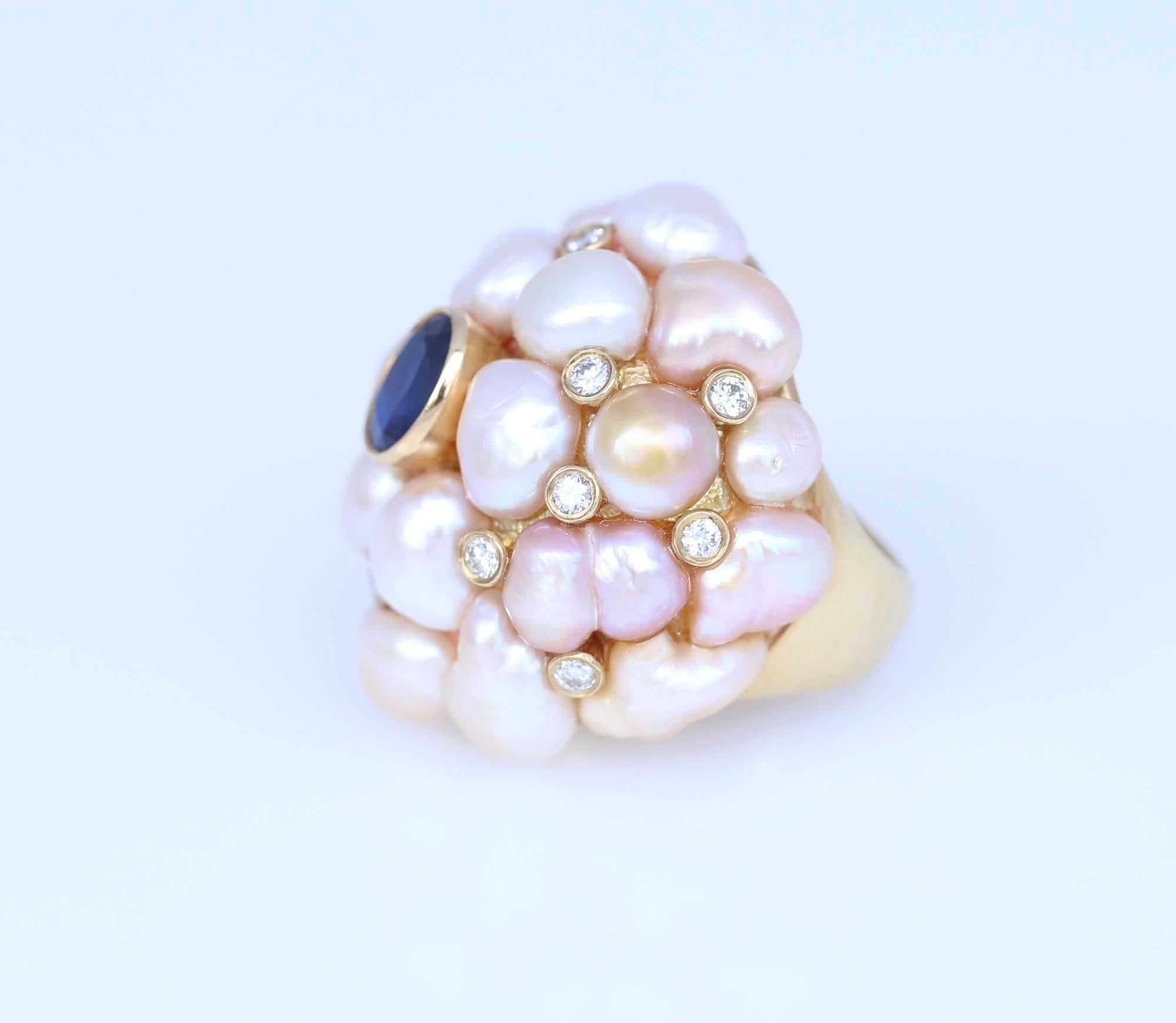 Round Cut Sapphire Pearls Diamonds Yellow Gold Dome Ring Sustainable Trend, 1970 For Sale