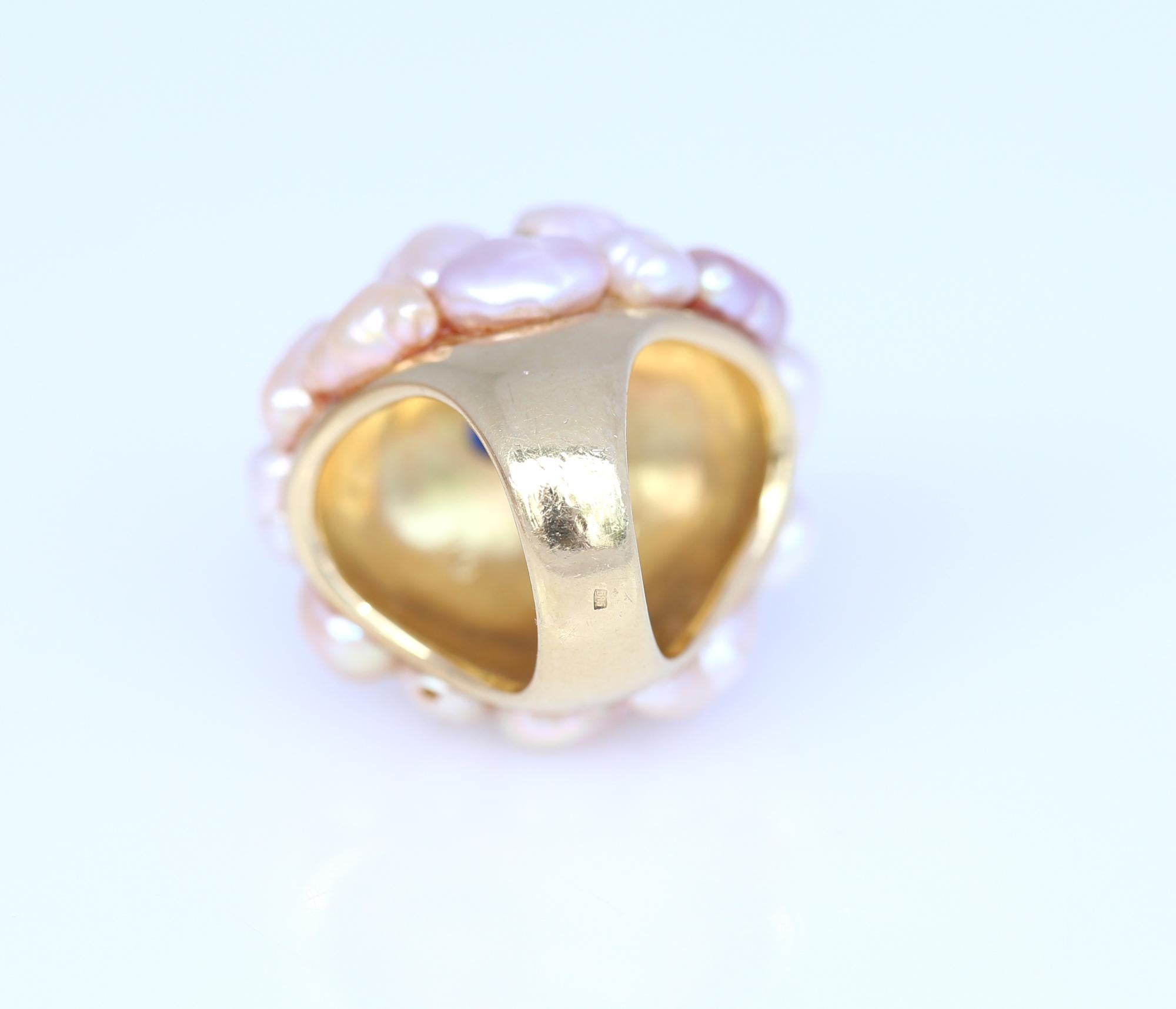 Women's Sapphire Pearls Diamonds Yellow Gold Dome Ring, 1970 For Sale