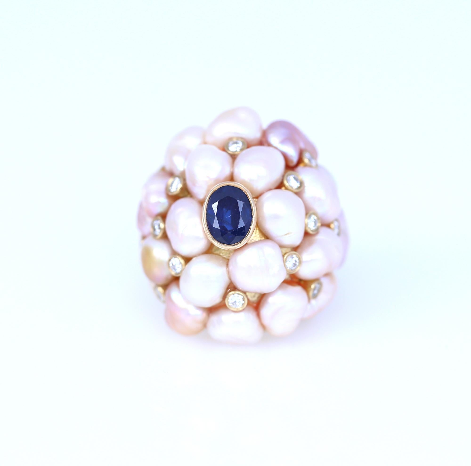Sapphire Pearls Diamonds Yellow Gold Dome Ring, 1970 For Sale 3