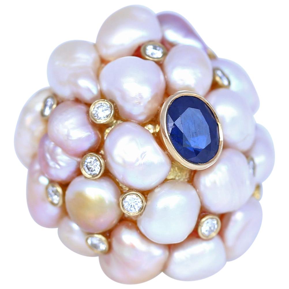 Sapphire Pearls Diamonds Yellow Gold Dome Ring Sustainable Trend, 1970 For Sale