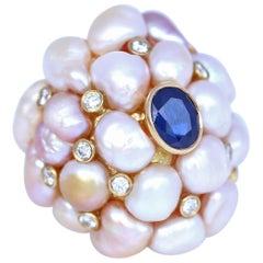Saphir Perles Diamants Or jaune Bague Dome Tendance durable, 1970