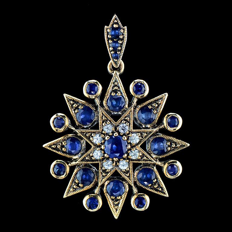 This Sapphire Pendant in Victorian Style.
It has two kinds of Sapphire, Blue, and White that is a good combination.

The pendant was made in 9K Gold.
Blue Sapphire 20 pcs. 2.19 ct
White Sapphire 8 pcs. 0.30 ct.

* If you would like to have different