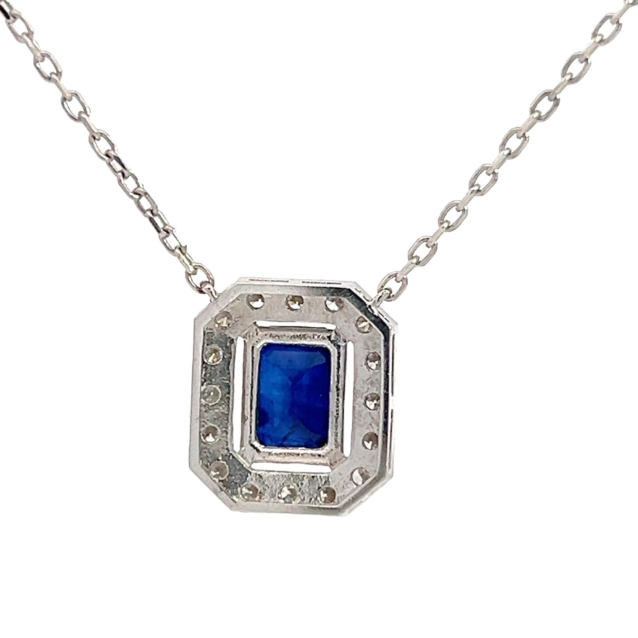 Emerald Cut Sapphire Pendant in 14k white gold with Natural Diamonds & 2.05ct Blue Sapphire For Sale