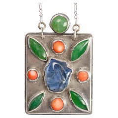 Sapphire Pendant with Jade & Coral Arts & Crafts Circa 1910 Certified No-Heat