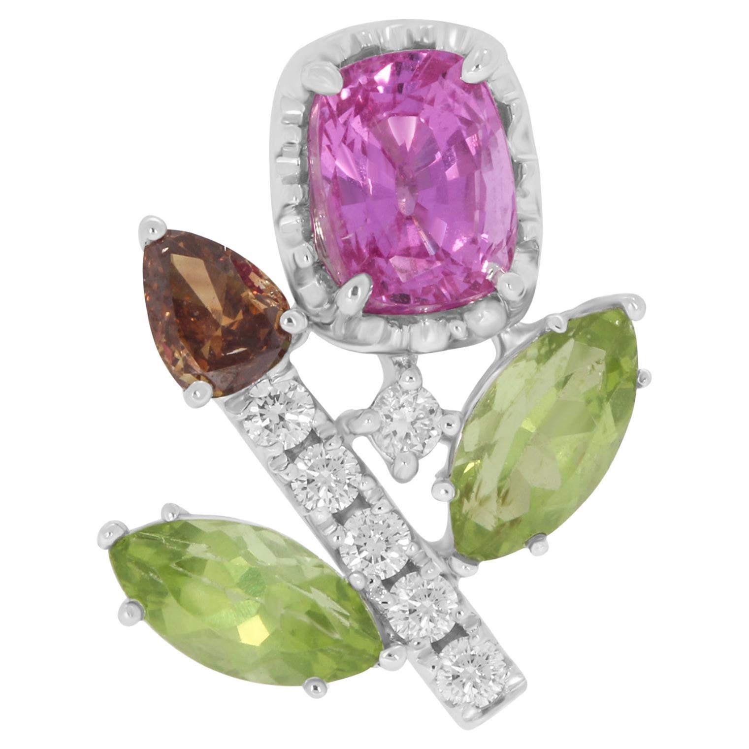 Pendentif fleur en saphir, péridot et grenat