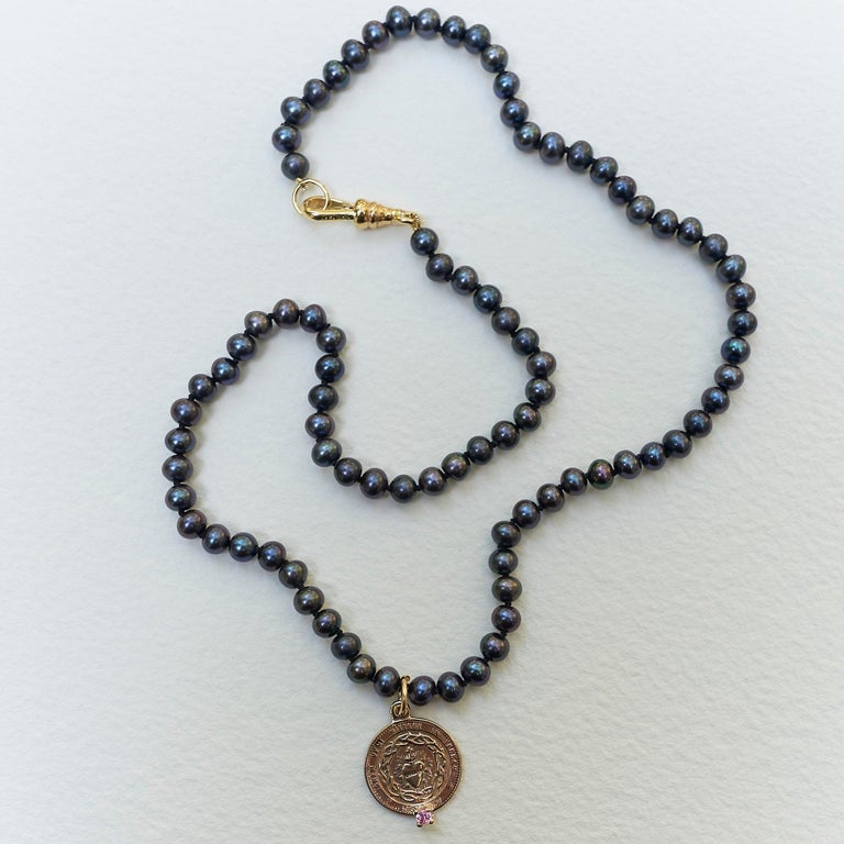 Brilliant Cut Sapphire Pink Black Pearl Necklace Medal Heart Choker Bronze J Dauphin For Sale