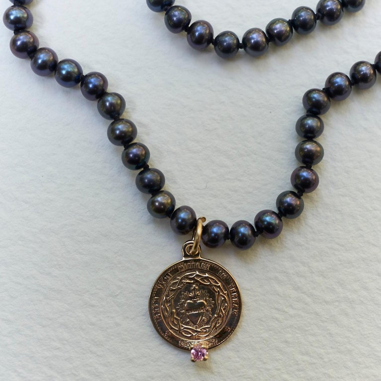 Women's Sapphire Pink Black Pearl Necklace Medal Heart Choker Bronze J Dauphin For Sale