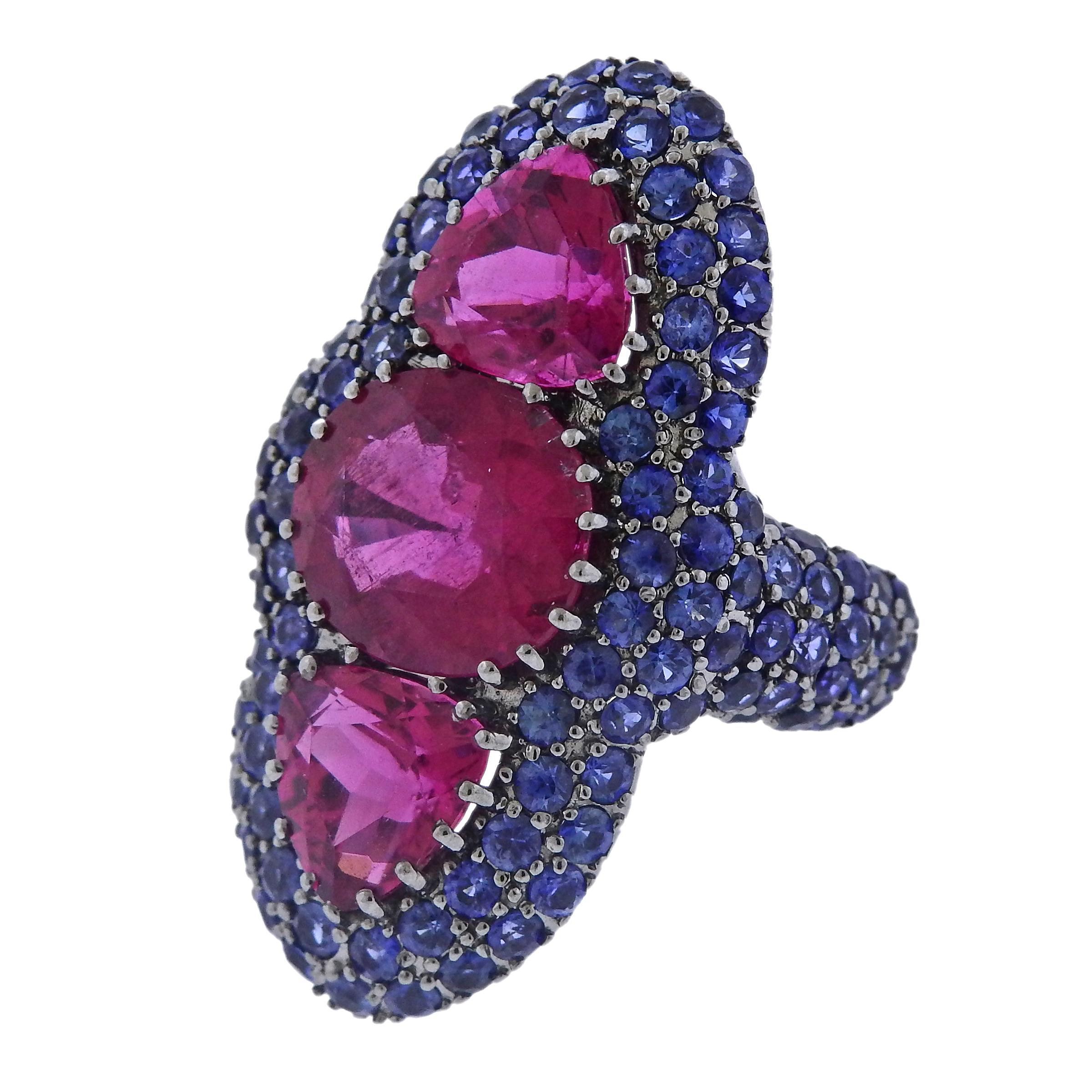 18k blackened white gold cocktail ring, decorated with blue sapphires and pink tourmalines. Ring size - 4.75, ring top - 34mm wide and weighs 13 grams. Marked 750. 