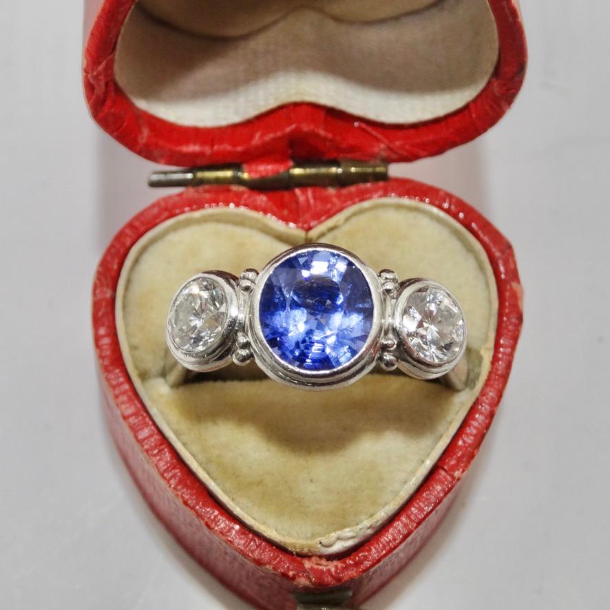 Round Cut Sapphire Platinum Vintage Diamond Ring For Sale